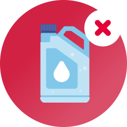Ein roter Kreis mit einer blauen Zeichnung einer grossen Flasche mit entmineralisiertem Wasser im Inneren und einem roten Kreuz daneben, um anzuzeigen, dass dieses Produkt nicht in einem CPAP-Luftbefeuchter verwendet werden darf.
