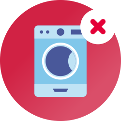 Ein roter Kreis mit einer blauen Zeichnung einer Spülmaschine oder eines Geschirrspülers im Inneren und einem roten Kreuz daneben, um anzuzeigen, dass Waschmaschinen oder Geschirrspüler nicht zur Reinigung von CPAP-Geräten verwendet werden dürfen.