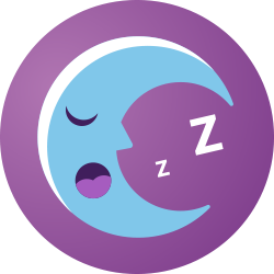 Une icône ronde violette avec un dessin d'un croissant de lune endormi à l'intérieur, signifiant un bon sommeil.