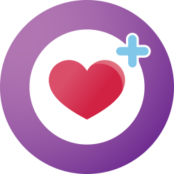 Une icône ronde violette avec un cœur rouge à l'intérieur et un signe plus représentant l'optimisation du traitement CPAP.