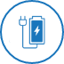 Ein blaues Kreissymbol mit einer Linienzeichnung eines Smartphones, das aufgeladen wird, um das Anschliessen an eine Stromquelle darzustellen.