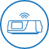 Ein blaues Kreissymbol mit einer Linienzeichnung eines CPAP-Geräts im Inneren symbolisiert Geräteaktualisierungen
