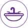 Ein violettes Kreissymbol mit der Zeichnung eines Waschbeckens und eines Wasserhahns im Inneren.