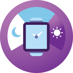 Une icône ronde violette avec un diagramme d'une montre et une lune et le soleil à l'intérieur pour signifier le sommeil de la nuit au jour.